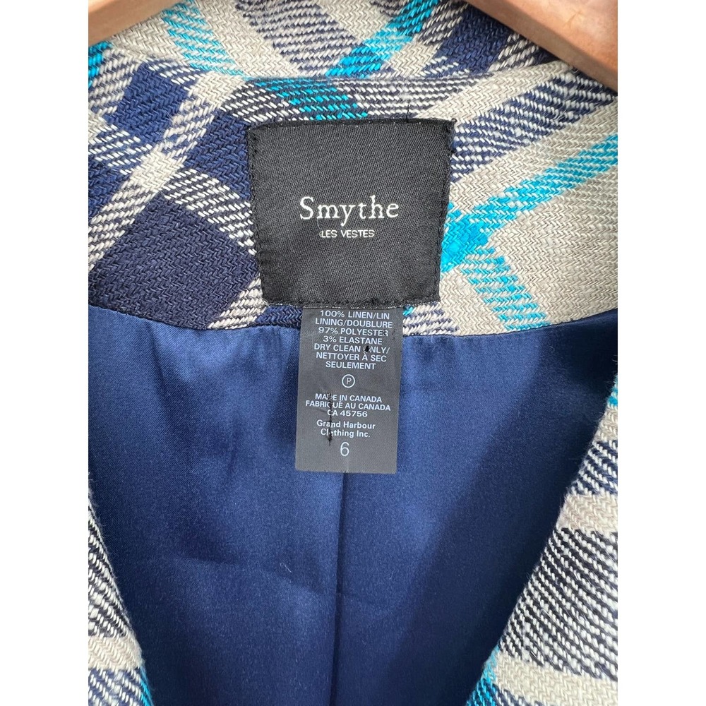 Smythe Plaid Blazer in Navy, Teal & Cream with Leather Elbow Patches - Picture 6 of 15